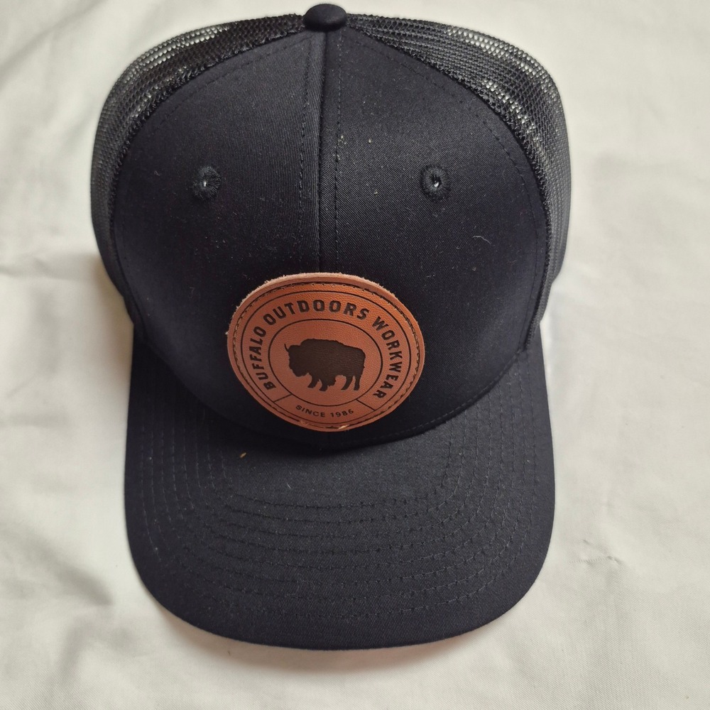 Buffalo Outdoors Workwear Men Black Mesh Snapback Trucker Hat Faux Leather Patch